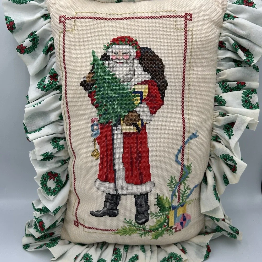 Vtg Original Cross Stitch‎ Santa Claus & Christmas Pillow